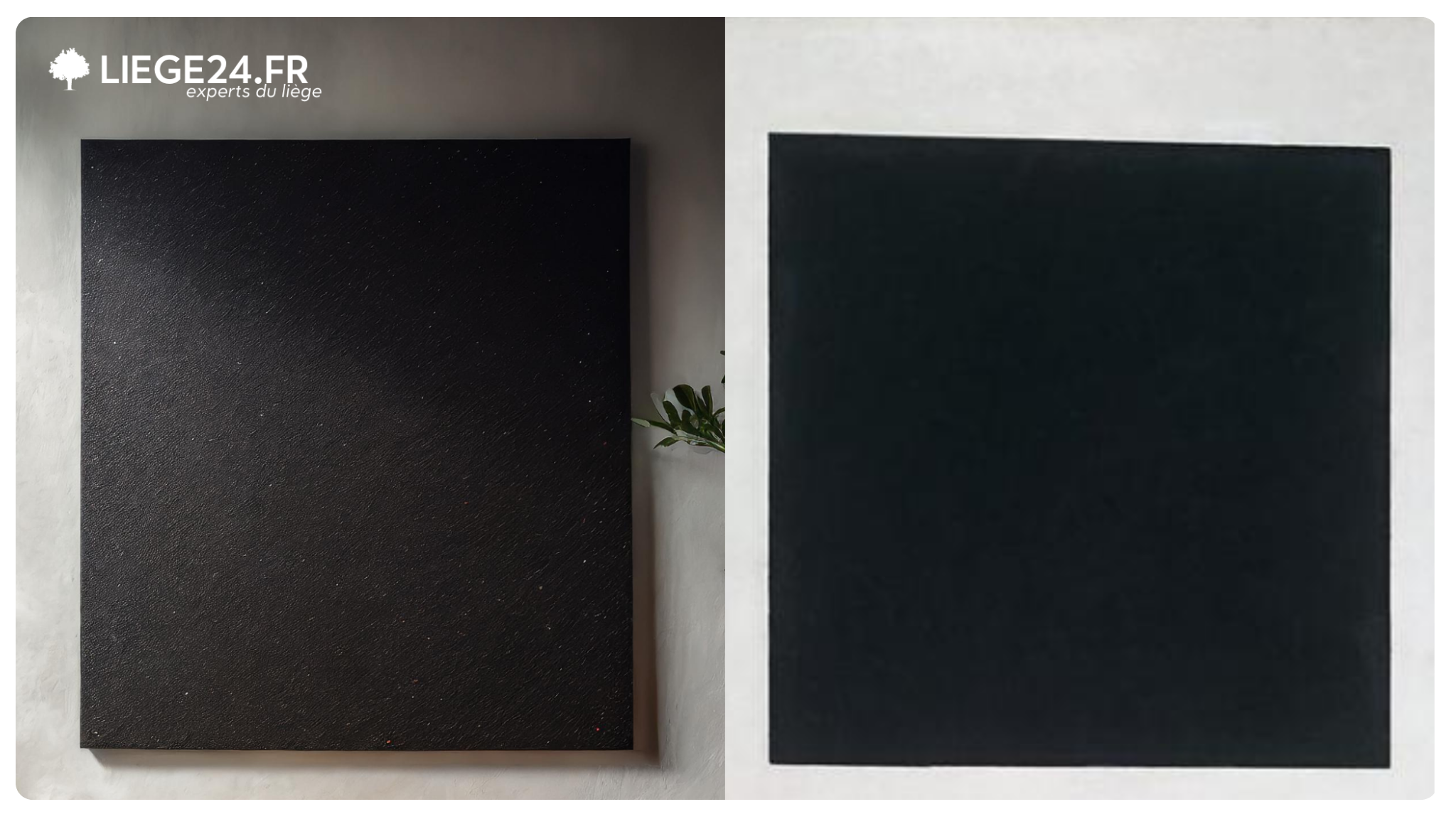 Lige naturel sous forme de panneaux de lige ou de lige dcoratif isolant sur un mur noir sans cadre. En remplacement d'une carte sans couverture comme les tableaux scolaires ou d'information typiques.