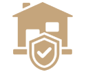 Brown house icon with a shield and checkmark.