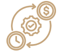 Brown arrows forming a cycle with clock, dollar sign, and checkmark.