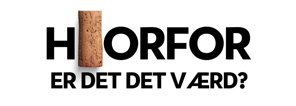 Sort tekst 'HVORFOR ER DET VRD?' med kork til hjre p hvid baggrund.