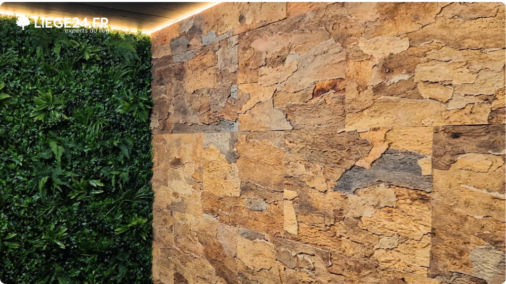 Un mur vgtal luxuriant  gauche avec une varit de plantes vertes fournit une touche organique et rafrachissante.  droite, un mur accent en lige affiche des tons chauds allant du jaune clair au brun roux, crant une texture rustique et naturelle.