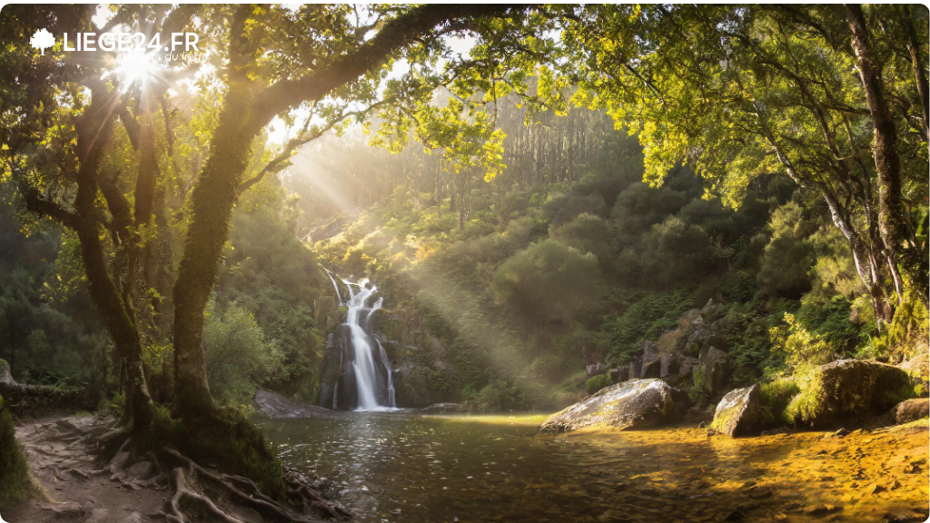 La beaut sereine d'une cascade naturelle niche dans une fort verdoyante. Les rayons du soleil filtrent  travers le feuillage dense, crant des jeux de lumire feriques.