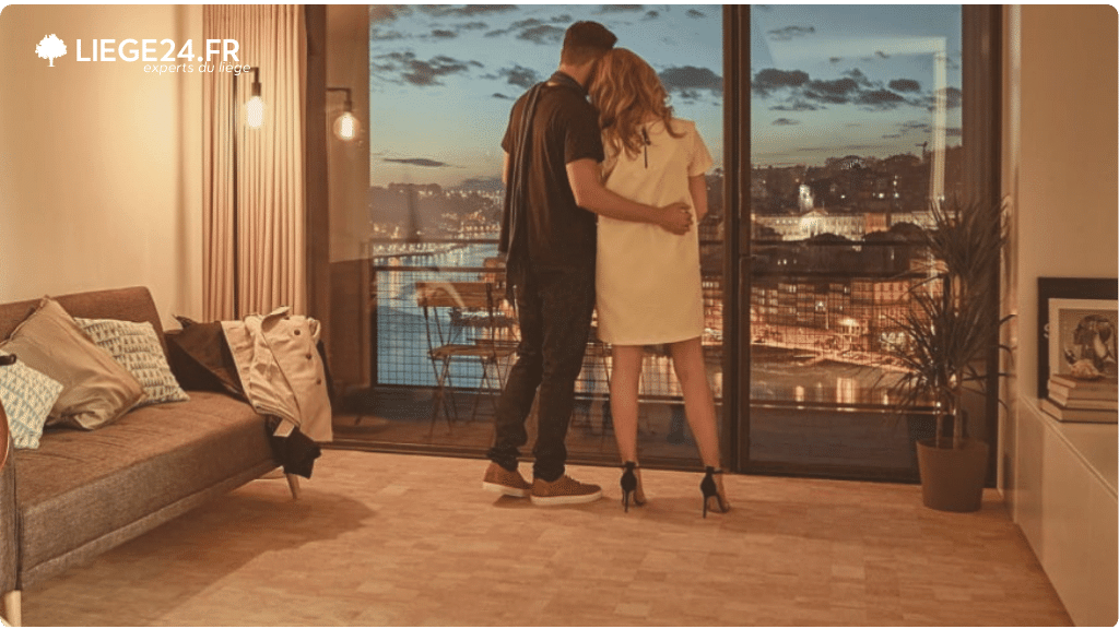 Un couple se tient enlac un appartement moderne, admirant la vue urbaine au crpuscule.