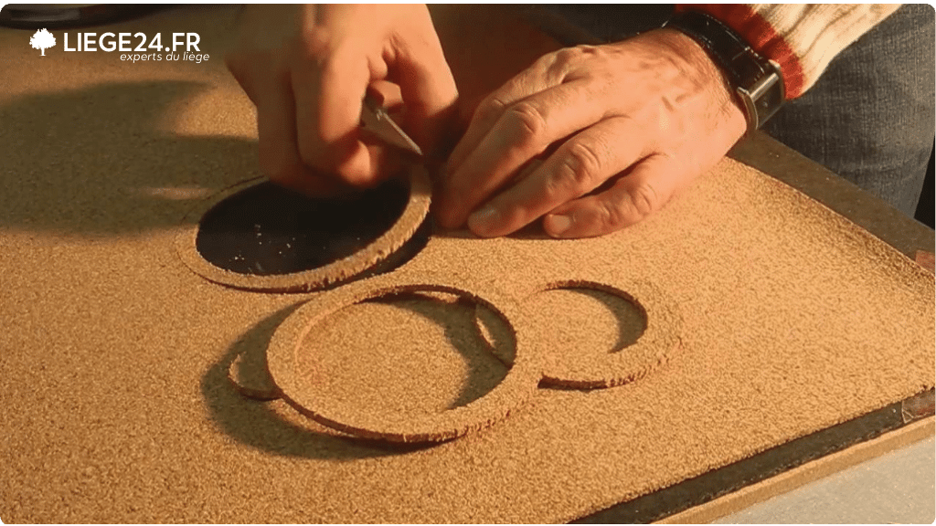 L'image capture un moment de l'artisanat, o une personne est en train de travailler avec du lige. On peut voir ses mains en action, dcoupant avec soin des cercles dans une feuille de lige paisse.