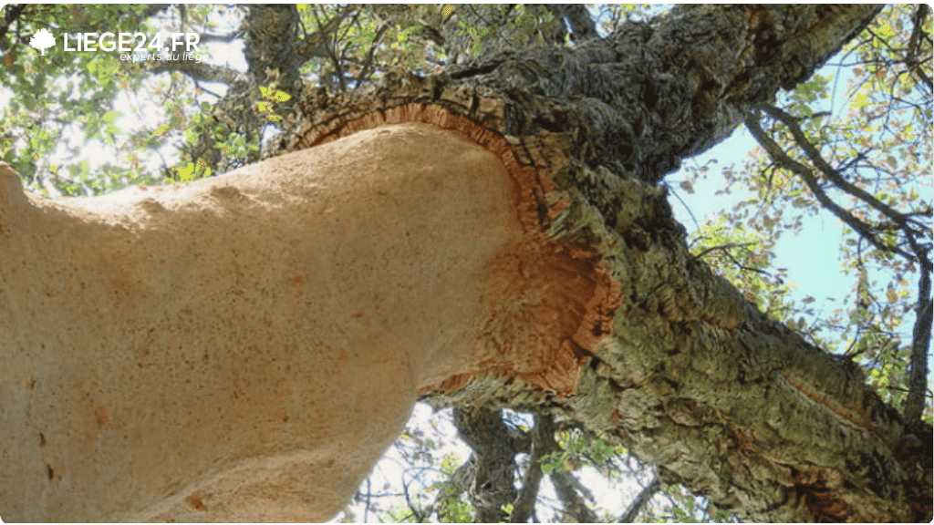 Gros plan sur l'corce d'un arbre de lige aprs la rcolte, montrant la surface lisse et claire de la couche de lige expose.