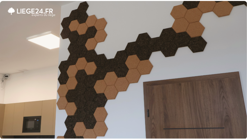 Intrieur moderne avec un mur orn de carreaux hexagonaux en lige formant un motif en zigzag. Les carreaux varient en couleur du brun clair au brun fonc, crant une uvre d'art murale texture.  gauche, on aperoit une partie d'une kitchenette avec des armoires assorties et un micro-ondes encastr. Une porte en bois au design pur complte l'ambiance contemporaine de la pice.