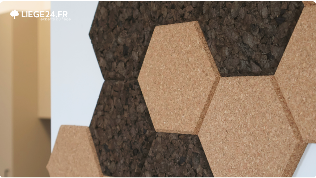 Gros plan sur un design mural avec des hexagones en lige de diffrentes nuances. Les hexagones brun clair contrastent avec le fond brun fonc, montrant une variation de textures et crant un effet visuel dynamique.