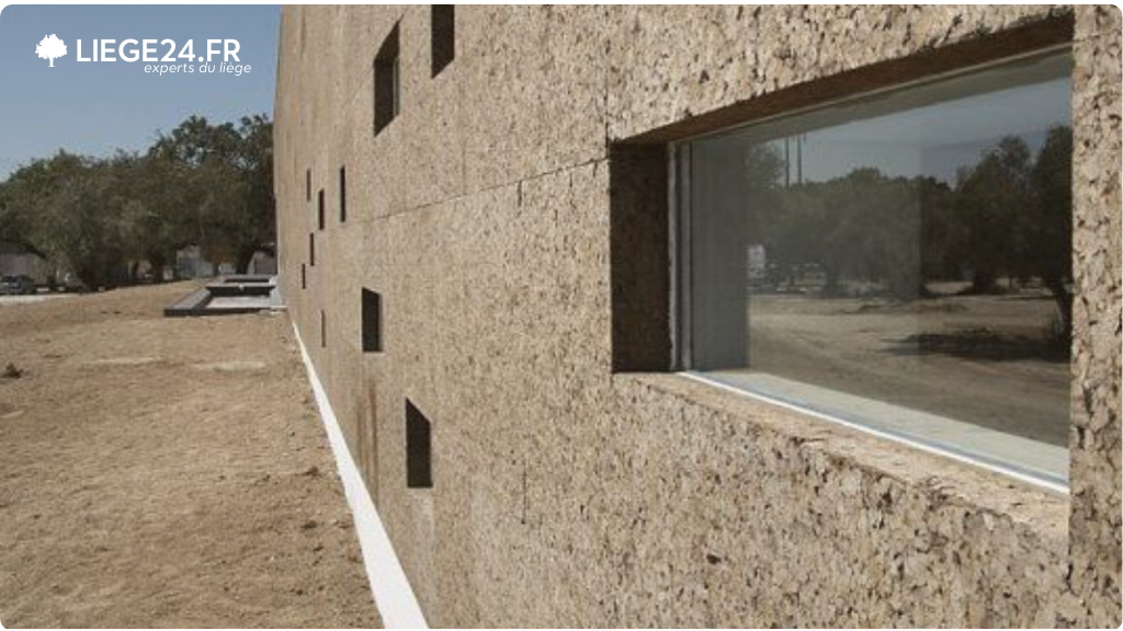 Faade extrieure d'un btiment moderne recouverte de blocs de lige, avec des fentres rectangulaires encadres.