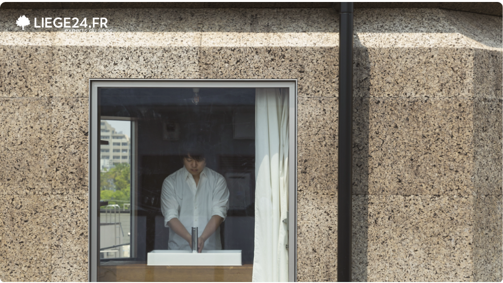 Un homme en chemise blanche, concentr sur son travail, est visible  travers une fentre carre encadre d'une faade en lige. L'aspect textur du mur en lige cre un contraste avec la nettet de la fentre.