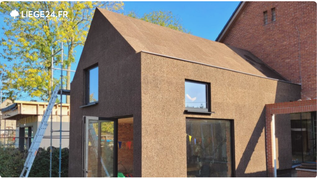 Maison contemporaine avec une faade inhabituelle en lige, offrant une isolation naturelle. Des fentres aux cadres noirs contrastent avec la texture marron du lige. Le ciel bleu clair et la vgtation environnante.