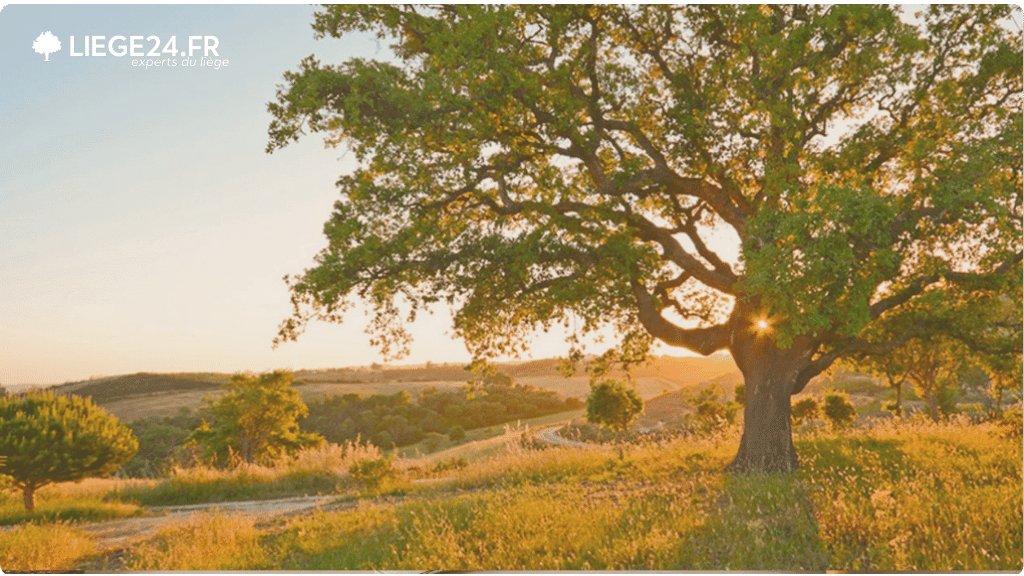 Limage prsente un grand arbre majestueux baign dans la lumire douce du soleil couchant.