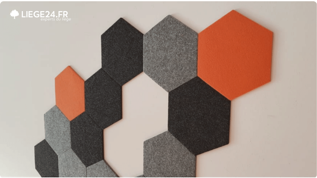 Arrangement cratif de panneaux acoustiques hexagonaux en feutre sur un mur. Les couleurs alternent entre le gris clair, le gris fonc, le noir et un hexagone orange vif.