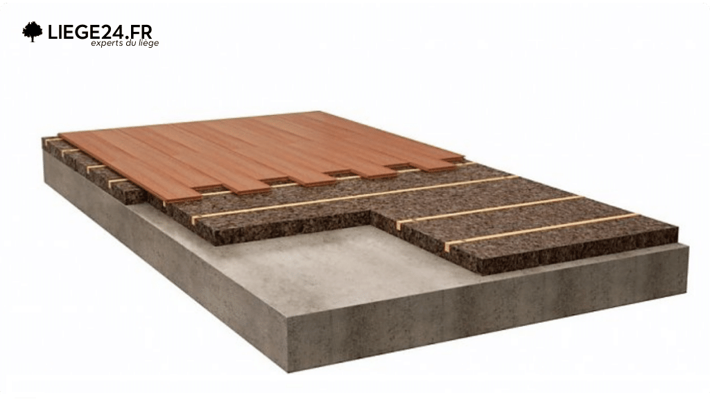 C'est une reprsentation en 3D d'une coupe transversale d'un plancher compos de diffrentes couches. En haut, il y a des planches de parquet en bois brun clair. En dessous, il y a une couche de lige expans. Les autres couches incluent une base en bton.
