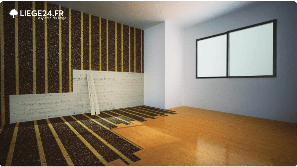 Sur cette image, on voit un intrieur de pice avec un sol en parquet de couleur miel. Un des murs est recouvert de panneaux de lige vertical alternant avec des bandes dores.