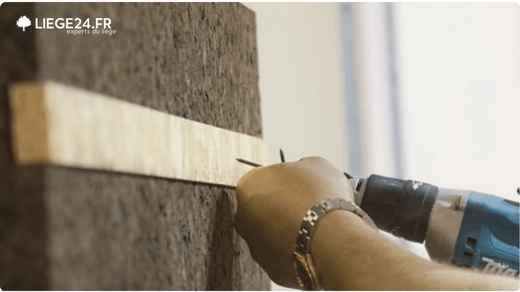 Limage montre une personne en train dinstaller ou de travailler avec un matriau en lige sur un mur, utilisant une perceuse lectrique.