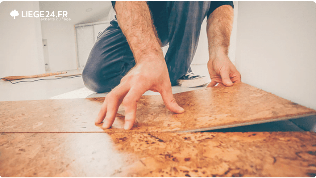 Un homme en train d'installer un revtement de sol en lige. On voit ses mains et ses genoux poss sur le sol, alors qu'il place soigneusement une dalle de lige, montrant la facilit de l'installation de ce type de sol.