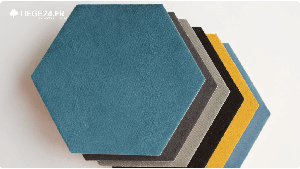 Sur cette image, nous voyons des carreaux dcoratifs en forme hexagonale pour les murs, montrant une gamme de couleurs comme le bleu ptrole, le gris, le noir, et le jaune moutarde.