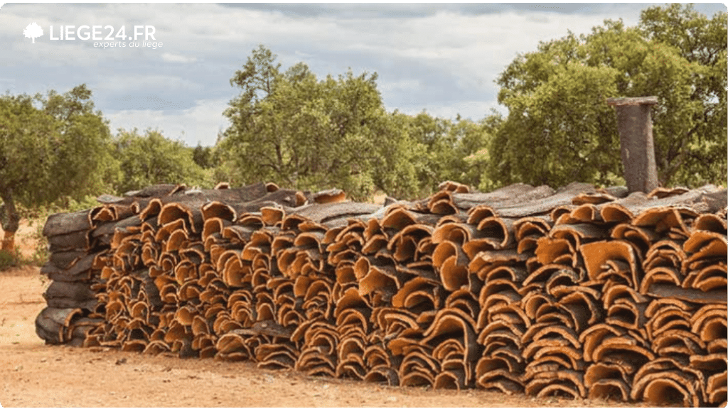 Nous voyons ici une grande pile d'corces de lige empiles  l'extrieur, vraisemblablement dans une rgion de production de lige. Les corces sont enroules et stockes en tas, prtes pour le processus de schage ou de transformation ultrieure.