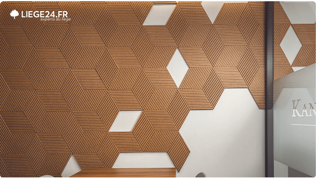 Mur orn de tuiles en lige, chacune grave de lignes parallles pour un effet textur. Les motifs gomtriques en relief crent une illusion de cubes en perspective.