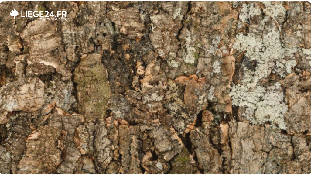 Texture rugueuse et dtaille d'corce d'arbre avec des lichens blancs, marque par des crevasses et des morceaux d'corce caille, refltant la diversit de la vie sur un tronc d'arbre.