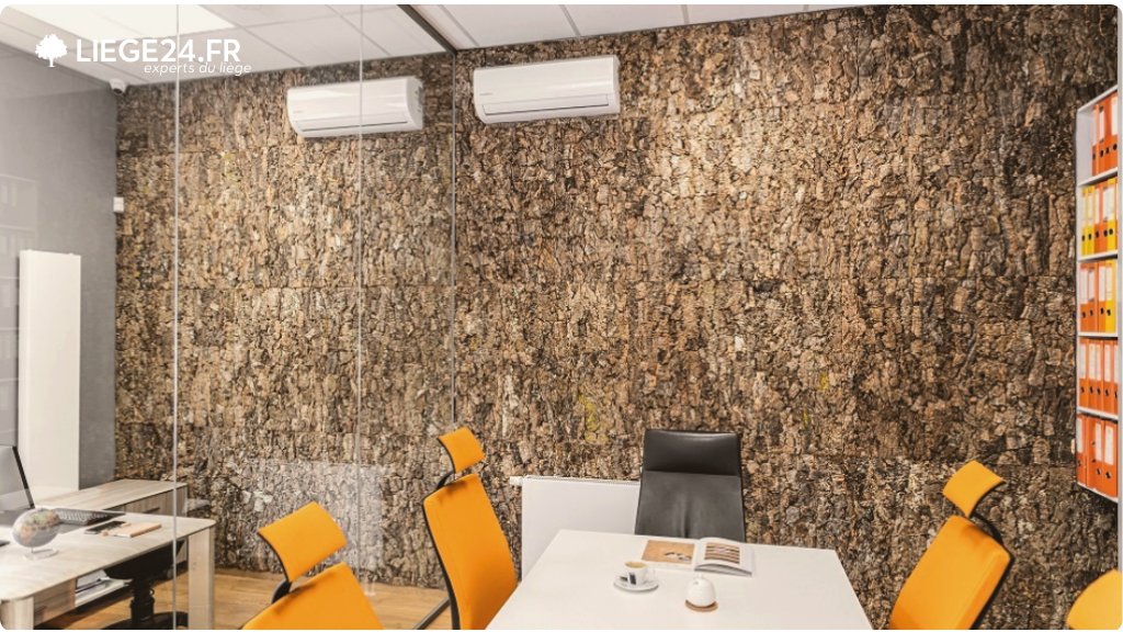 Salle de runion contemporaine avec des chaises orange vives, une table blanche et des classeurs colors, le tout contrastant avec un mur complet textur d'corce d'arbre, voquant une atmosphre de design inspir par la nature.