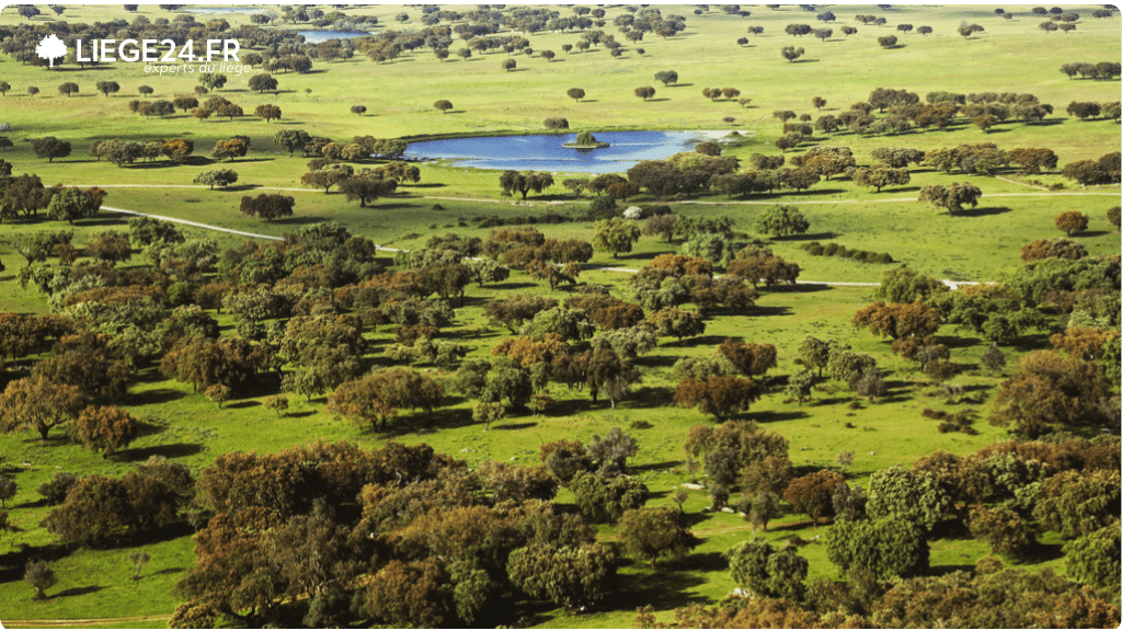 Vue arienne d'une dehesa ensoleille, typique du paysage espagnol. Cet cosystme agraire se compose de vastes tendues d'herbe verte parsemes d'arbres, principalement des chnes.