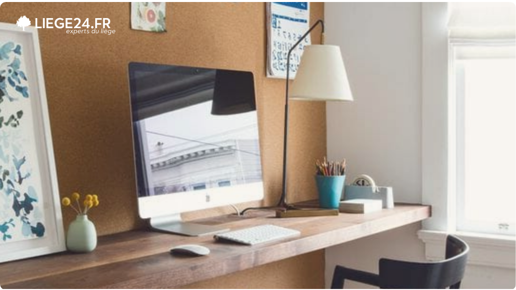 Bureau en bois avec un grand moniteur d'ordinateur devant un panneau en lige. Une lampe et des crayons colorent cet espace de travail pur baign de lumire naturelle.