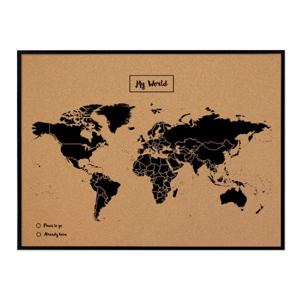Kork Pinnwand Weltkarte 60x90cm mit schwarzem Weltkartendruck in schwarzem MDF-Rahmen - BESTSELLER!