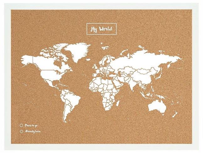 Tablero de corcho 60x90cm con impresión blanca de mapa del mundo